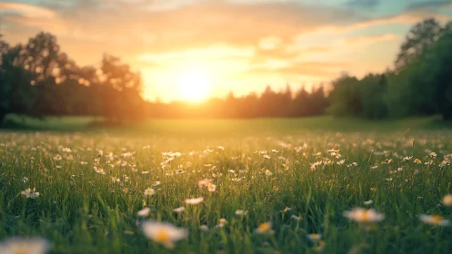Sunset tiptoes through a daisy meadow in soft golden hush