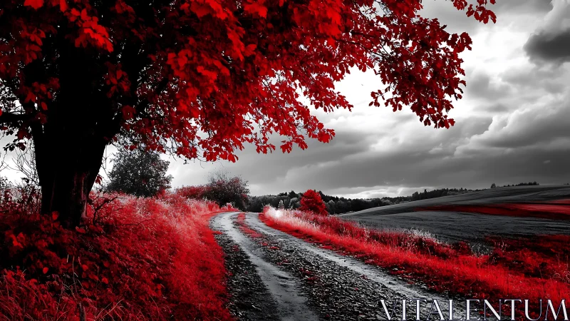 Red foliage borders winding country road under storm clouds