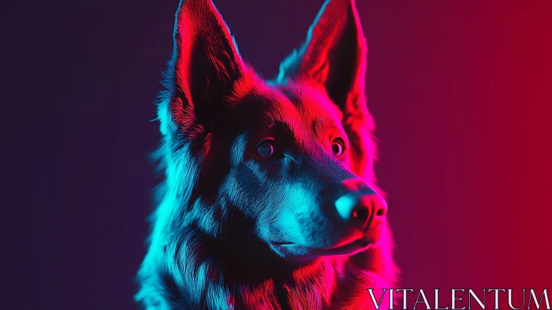 Neon-lit canine portrait in vivid magenta and cyan glow.