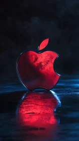 Glossy red apple logo glows on a moody reflective surface