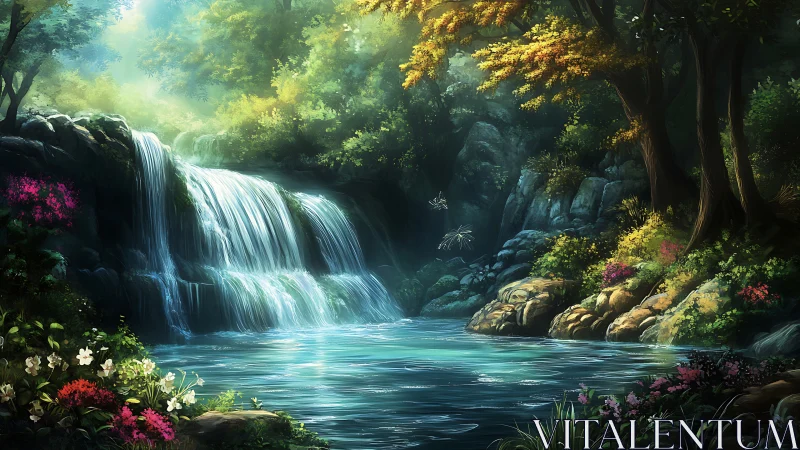 Sunlit forest waterfall rendered with atmospheric perspective