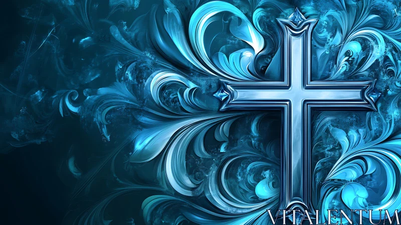 Chromatic cyan crucifix with swirling abstract fractal plumes