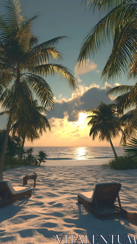 Tropical Beach Sunset Through Palm Trees. Golden Light