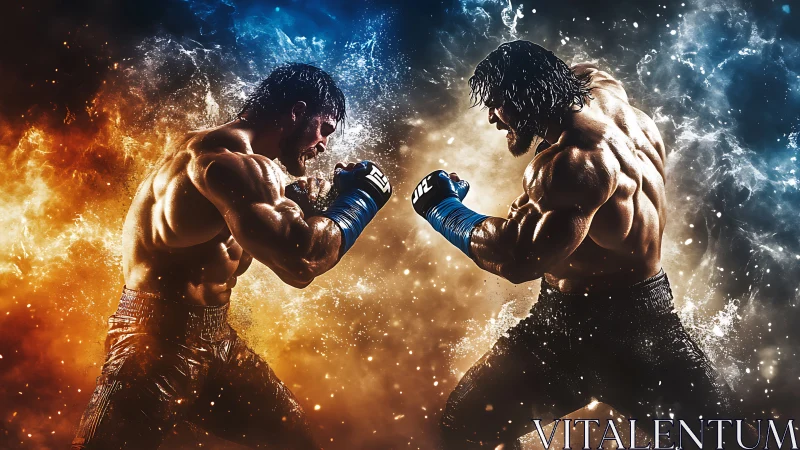 Two Boxers In Dynamic Combat Stance With Elemental Energy Effects