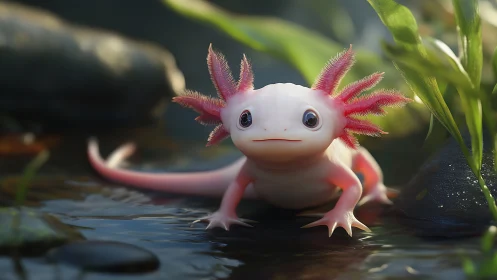 Gentle pink axolotl exploring a tiny underwater world.