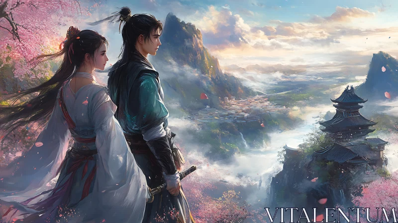 Wuxia couple overlooking misty mountain citadel, digital painting.