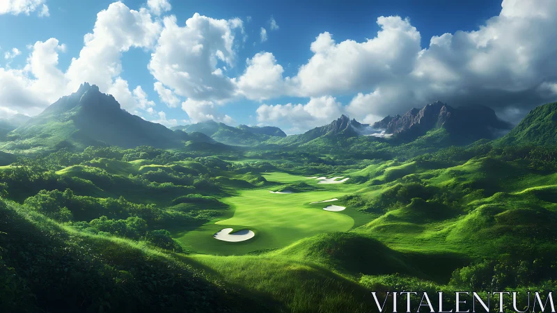 Lush mountainous golf valley rendered with high‑detail atmospheric lighting