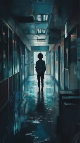 Backlit student silhouette in moody reflective corridor scene.