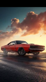 Red classic muscle car on wet asphalt at sunset sky.