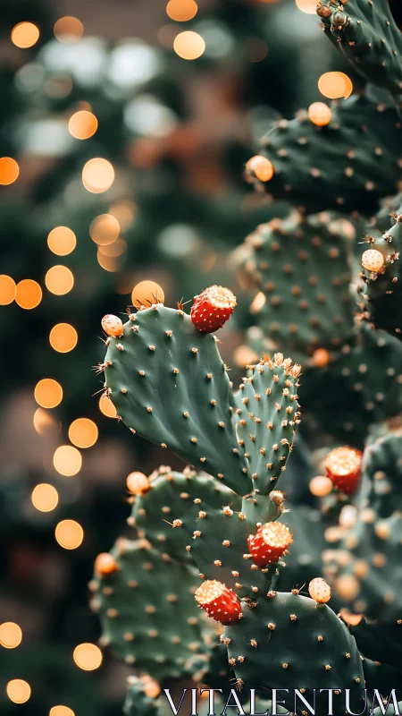 Prickly pear cactus glowing against warm festive bokeh lights.
