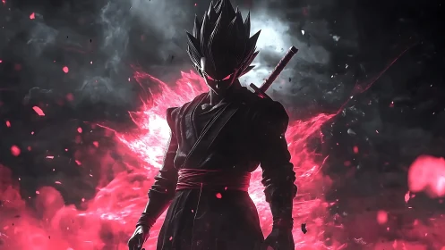 Dark anime swordsman with red energy aura stands alone.