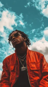 Portrait of stylish man in red jacket against sky.