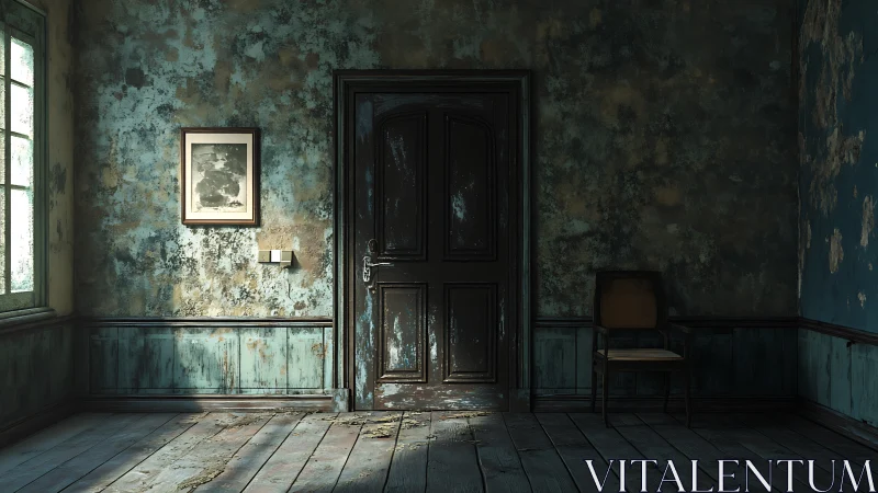 Quietly weathered doorway in a sunlit, forgotten room.