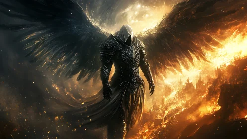 Armored dark angel descends amid apocalyptic inferno