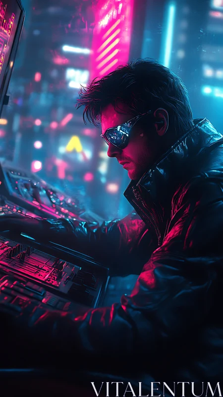 Neon-drenched cyber hacker bends light inside the grid.