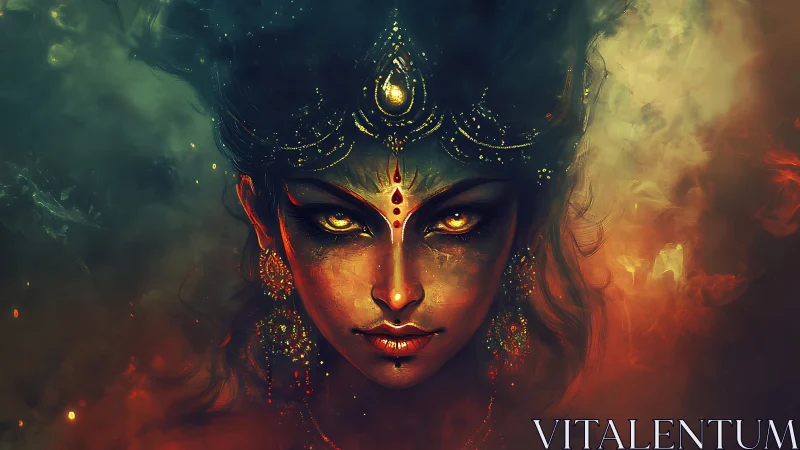 Fiery goddess portrait with glowing eyes in dense smoke.