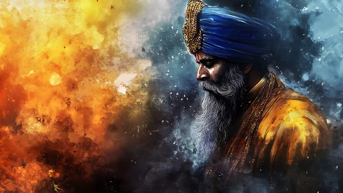 Regal turbaned elder in vivid blue and gold portrait.