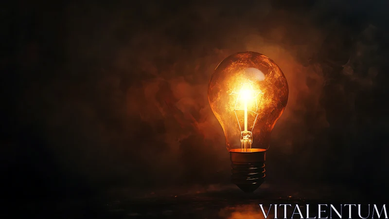 Illuminated incandescent light bulb on dark smoky background.