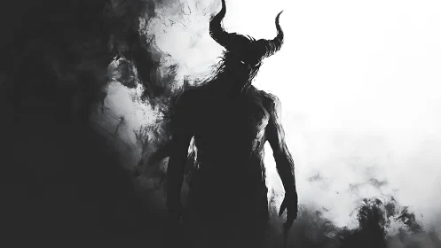 Horned shadow strides from the void, carving light in smoke