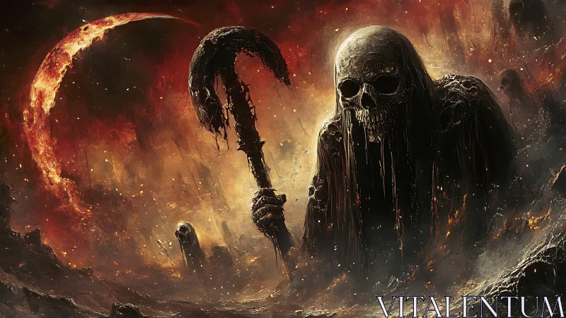 Skeletal reaper figure in fiery desolate landscape at dusk.