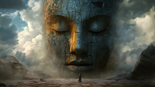 Colossal weathered stone face emerges from storm-laden clouds