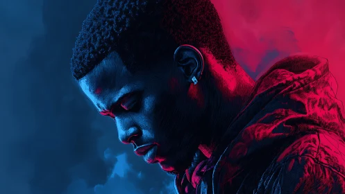 Neon quiet storm, a lone silhouette caught between colors.