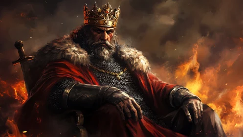 Battle-scarred medieval king on throne amid cinematic flames.