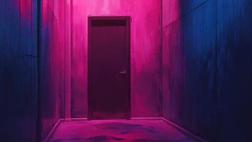 Neon hallway door glows with suspense in moody pink and blue