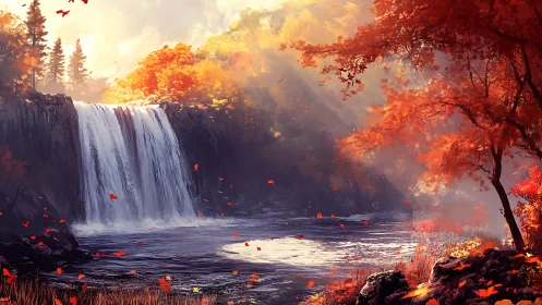 Autumn waterfall panorama captures diffused backlit forest glow