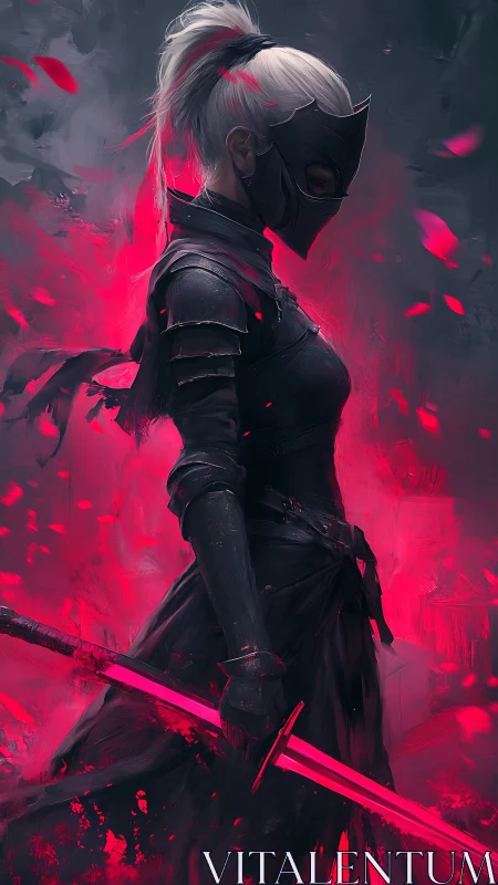 Masked rogue warrior commands neon crimson blade storm.