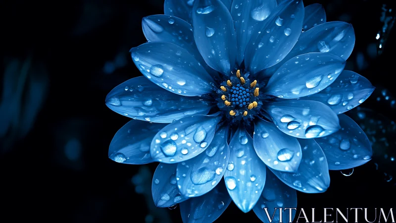 Blue Flower with Water Droplets on Dark Background