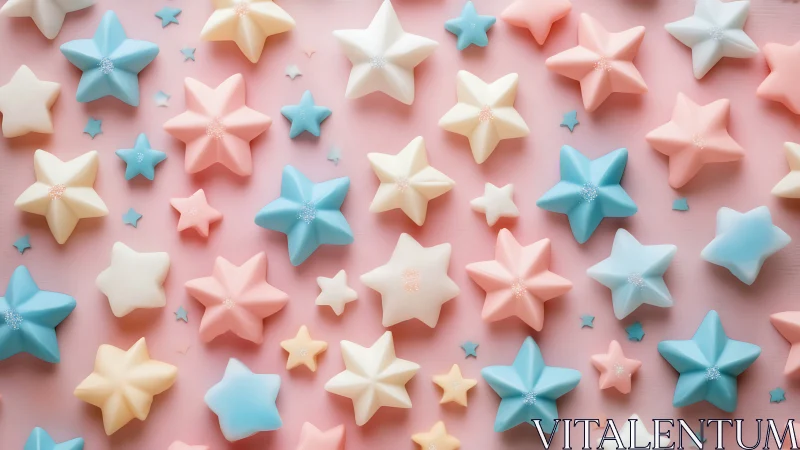 Pastel star-shaped objects arranged across soft pink surface