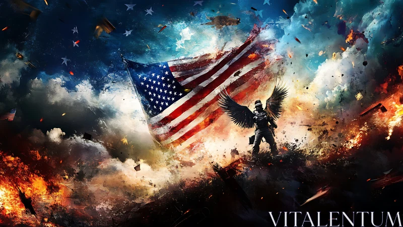 Digital painting of winged soldier and US flag in apocalyptic sky.