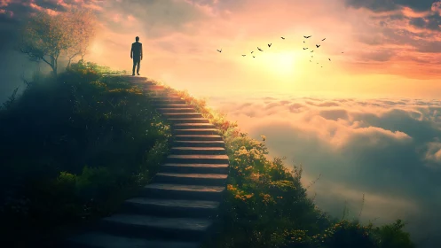 Solitary dreamer climbs a sunrise staircase above clouds.