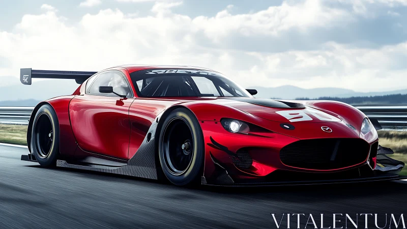 Scarlet race car storms down track under dramatic sky