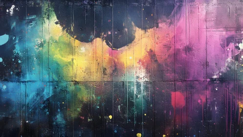 Vibrant abstract graffiti mural with colorful cosmic splashes.