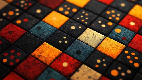 Geometric dice grid glows with warm textured color fields.