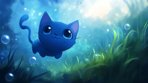 Blue feline character submerged in aquatic environment with particulate lighting effects