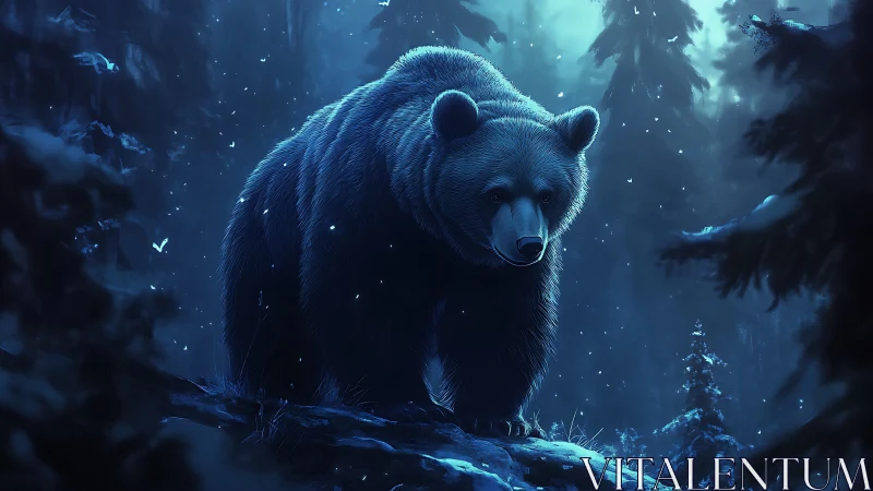 Massive brown bear traverses moonlit snowy conifer forest ridge