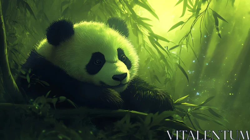 Bioluminescent forest panda in luminous green bamboo canopy