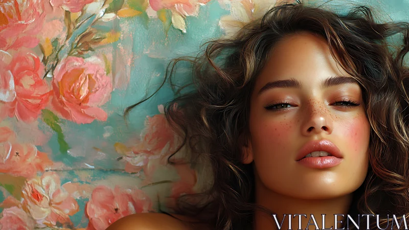 Portrait of young woman before floral painted background.