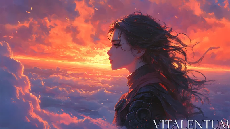 Profile view shows digital portrait against dense cloud sunset