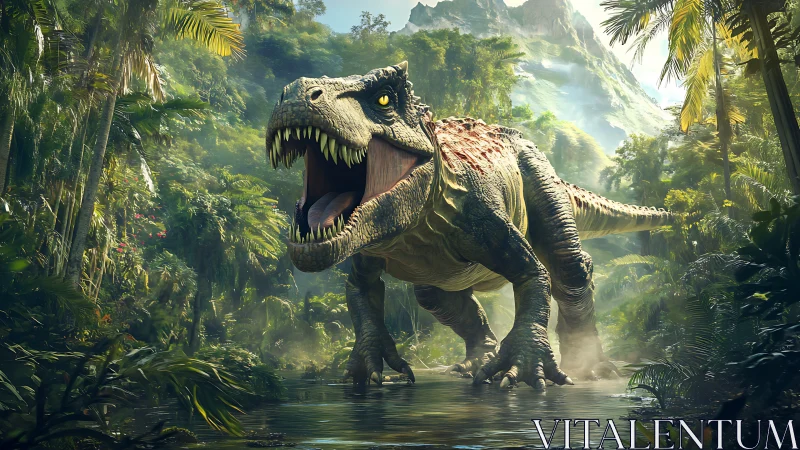 Hyperreal Tyrannosaurus rex roaring in dense tropical valley