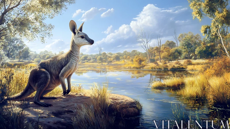 Young kangaroo rests by a golden river under soft daylight