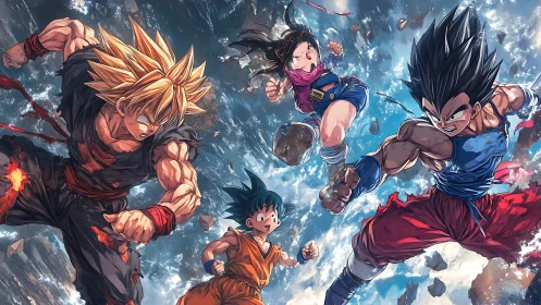 Four anime fighters charge toward each other in midair battle