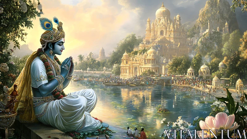 Divine blue figure contemplates a luminous riverside palace