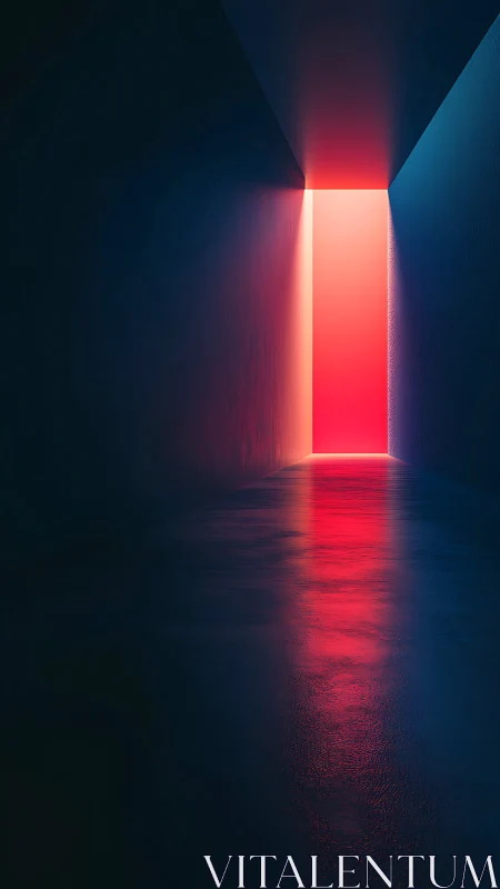 Rectilinear corridor with neon aperture casting reflective red glow