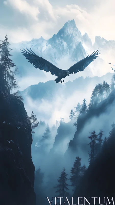 Majestic eagle soars above misty mountain canyon at dawn.