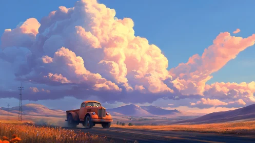 Sunset truck drifts beneath storybook fields of clouds.
