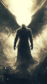 Dark winged reaper silhouette framed by explosive halo light.